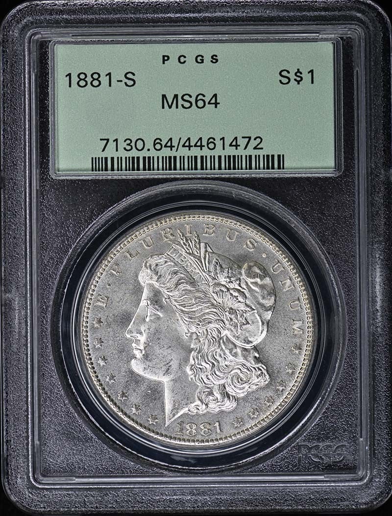 1881-S Morgan Dollar PCGS MS64 San Francisco Mint: 1881-S Morgan Dollar PCGS MS64 San Francisco Mint This is an 1881 Morgan Dollar from the San Francisco Mint, graded MS64 by PCGS and housed in an old green holder (OGH). The coin is uncirculated and c