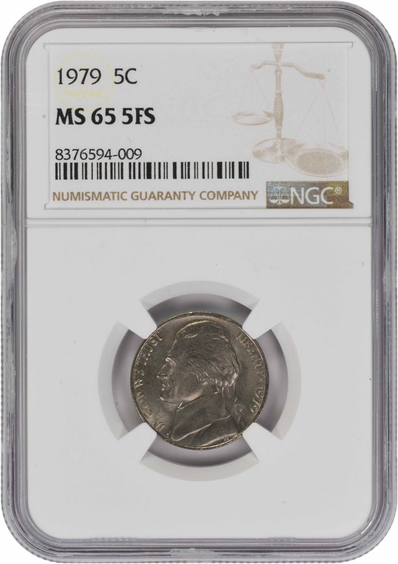 1979 Five Cent Jefferson Coin MS65 5FS Certified by NGC: 1979 Five Cent Jefferson Coin MS65 5FS Certified by NGC This 1979 Jefferson Nickel is graded MS65 by NGC and features the 5 Full Steps designation. Struck in Philadelphia, the coin is composed of 56% 