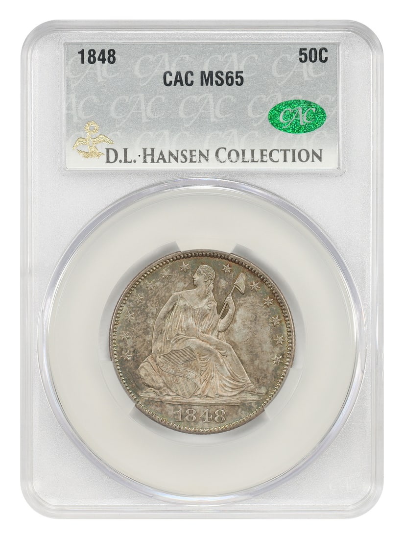 1848 Liberty Seated Half Dollar 50C CACG MS65 ex D.L. Hansen: 1848 Liberty Seated Half Dollar 50C CACG MS65 ex D.L. Hansen 1848 Liberty Seated Half Dollar certified by CACG in MS65 grade. A difficult date to locate in high grades, this Philadelphia issue had a m