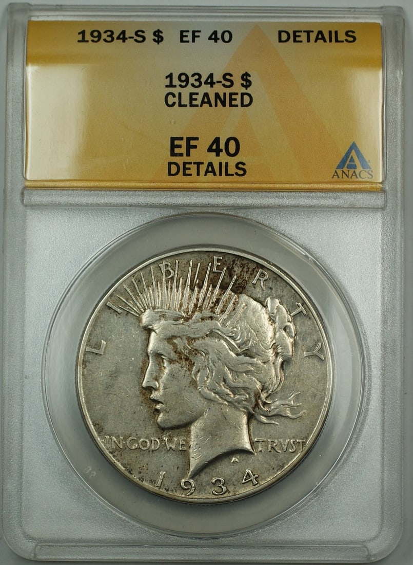 ANACS EF-40 1934-S Peace Dollar Silver Coin Cleaned San Francisco Mint: ANACS EF-40 1934-S Peace Dollar Silver Coin Cleaned San Francisco Mint This 1934-S Silver Peace Dollar coin is certified by ANACS with an EF-40 Details grade and has been noted as cleaned. It was mint