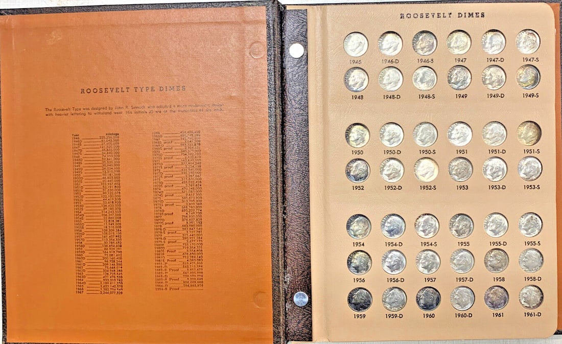Roosevelt Dimes 1946-1990 Uncirculated Silver Clad Proof Set in Dansco Album: Roosevelt Dimes 1946-1990 Uncirculated Silver Clad Proof Set in Dansco Album This set features Roosevelt dimes from 1946 to 1990 in a Dansco coin album, including a mix of silver, clad, and proof unci