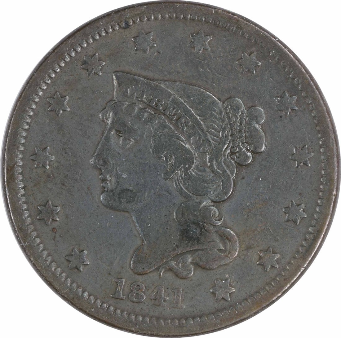 1841 Braided Hair Large Cent Copper Coin by Gobrecht VF: 1841 Braided Hair Large Cent Copper Coin by Gobrecht VF This 1841 Large Cent is a classic piece of American numismatics, featuring the Braided Hair design by Christian Gobrecht. This coin, minted in P