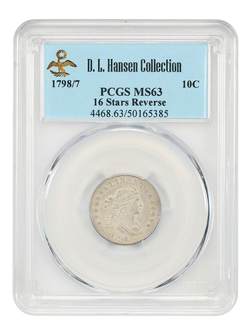 1798 10C Draped Bust Dime PCGS MS63 16 Stars Reverse ex D.L. Hansen: 1798 10C Draped Bust Dime PCGS MS63 16 Stars Reverse ex D.L. Hansen 1798/7 Draped Bust Dime with 16 Stars Reverse, graded PCGS MS63. A small mintage of 27,550 for the date is listed, though it is unkn