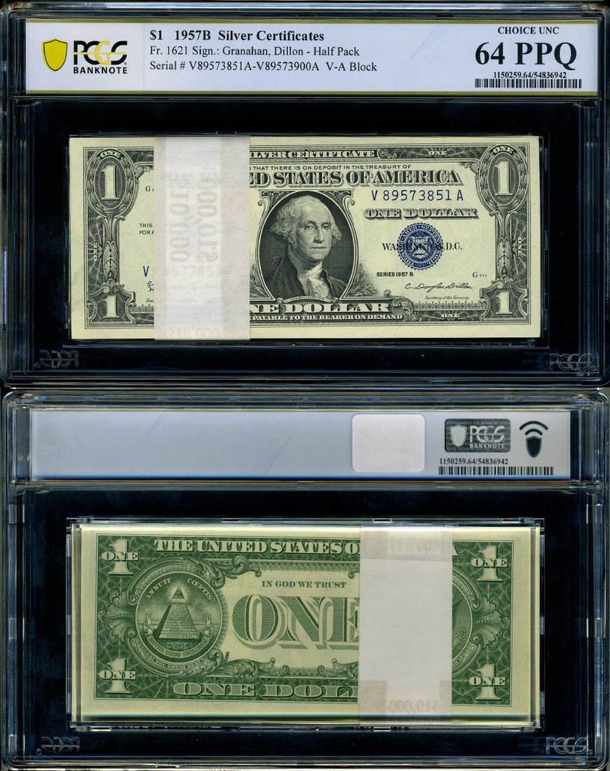 1957-B $1 Silver Certificate PCGS Choice CU64 50 Note Pack (1 of 3)
