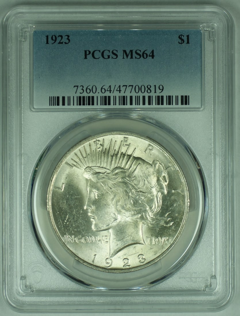 PCGS MS 64 Peace Dollar Silver Coin 1923 Certified Uncirculated $1: PCGS MS 64 Peace Dollar Silver Coin 1923 Certified Uncirculated $1 This 1923 Peace Silver $1 Dollar coin is graded MS 64 by PCGS, indicating an uncirculated condition. Made in the United States, this 