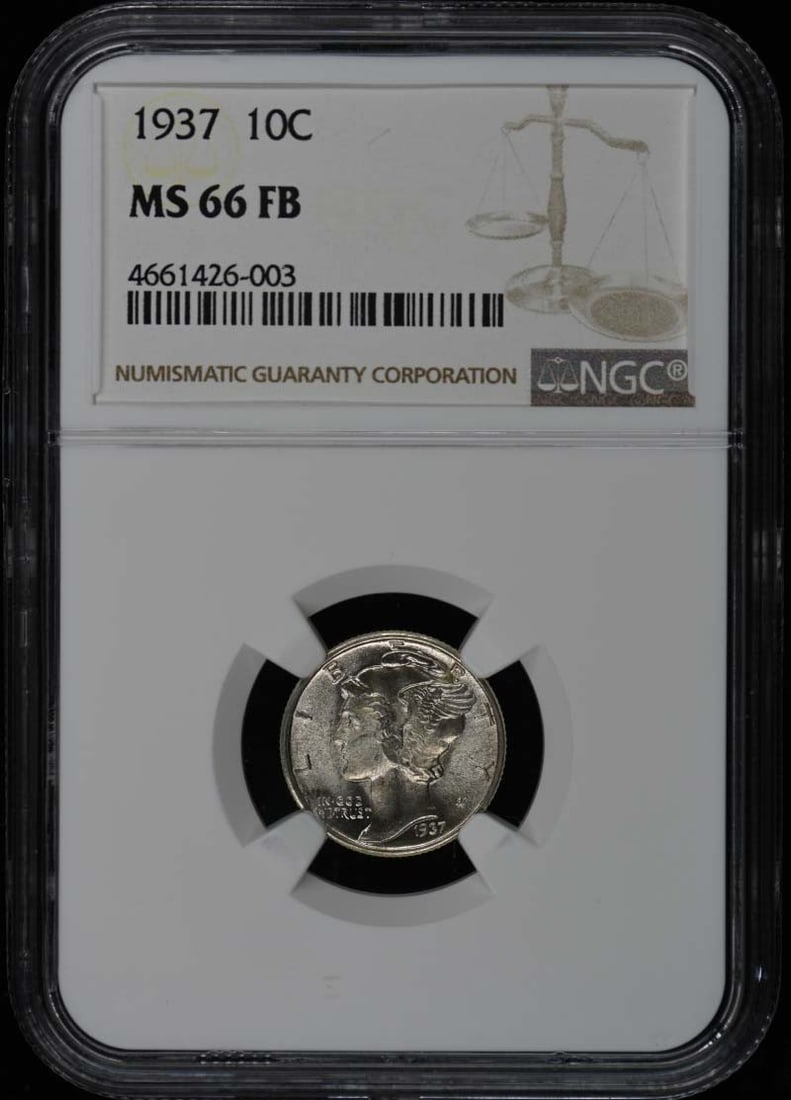 1937 Mercury Dime NGC MS66FB Philadelphia Uncirculated Coin: 1937 Mercury Dime NGC MS66FB Philadelphia Uncirculated Coin This 1937 Mercury Dime is graded MS66FB by NGC, indicating its exceptional quality and detail. It is an uncirculated coin from the Philadelp