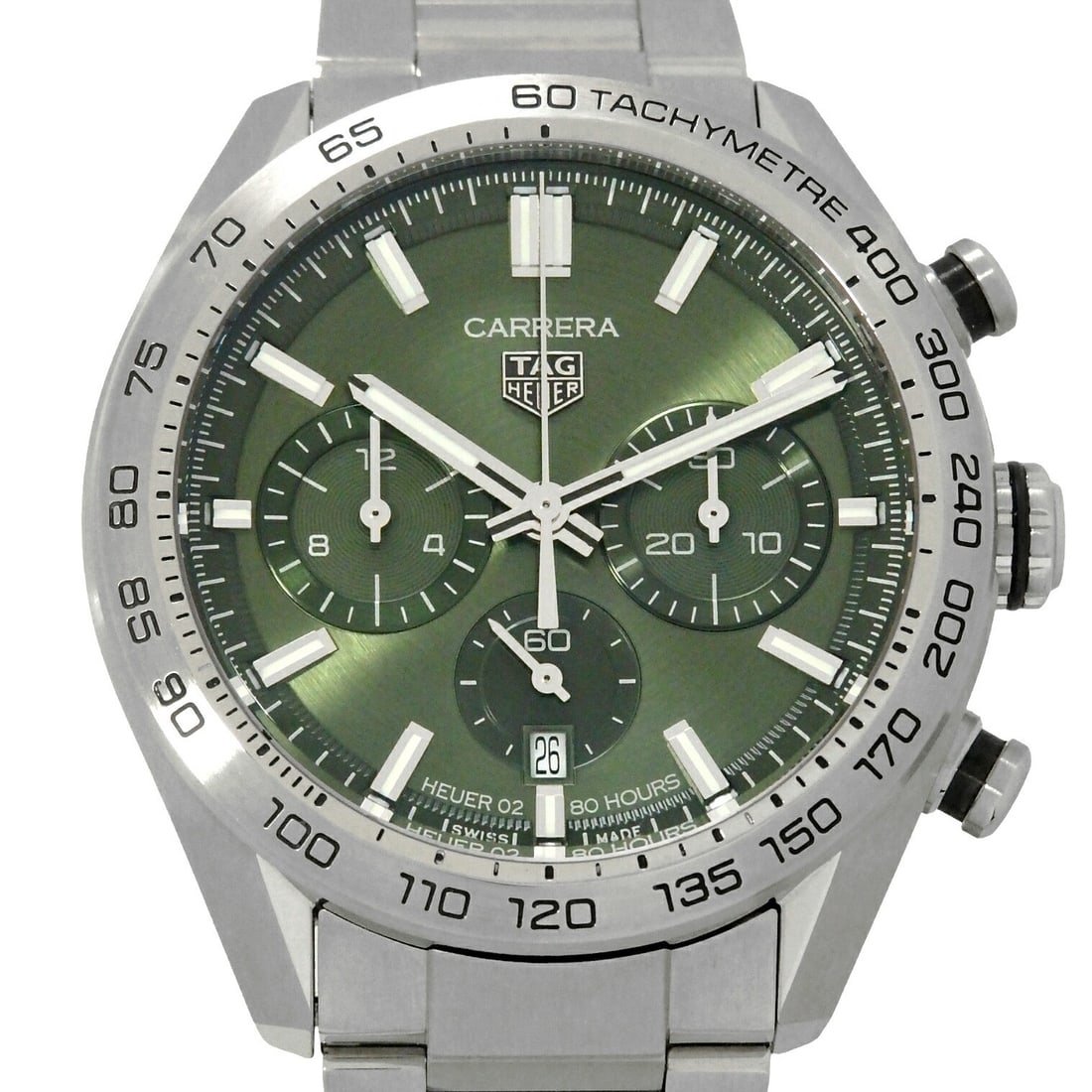 Men's automatic chronograph watch TAG Heuer Carrera CBN2A10.BA0643 steel: Men's automatic chronograph watch TAG Heuer Carrera CBN2A10.BA0643 steel TAG Heuer Carrera Chronograph Calibre Heuer 02 men's wristwatch in pre-owned condition. It features an automatic movement and a