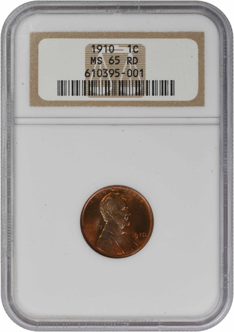 1910 Lincoln Wheat Penny MS65 Red by NGC: 1910 Lincoln Wheat Penny MS65 Red by NGC This 1910 Lincoln Wheat Cent is certified by NGC and graded MS65RD, indicating its uncirculated condition. Composed of copper, this small cent was minted in th