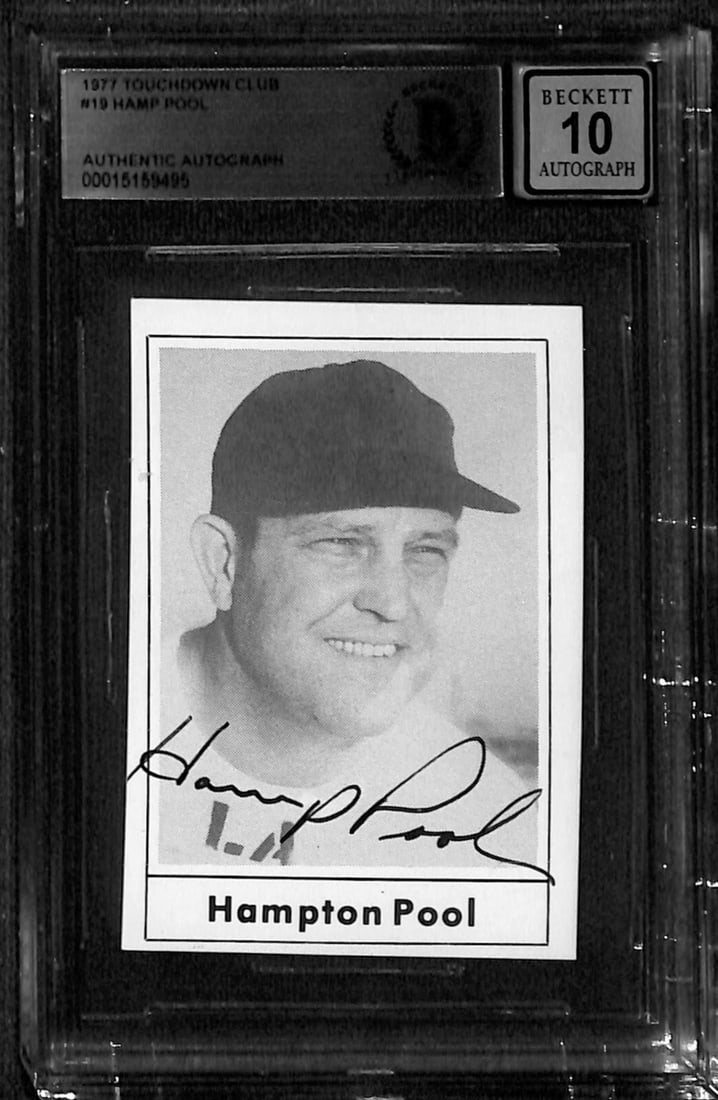 1977 Touchdown Club #13 Hampton Pool Signed Card Auto Grade 10 Beckett: 1977 Touchdown Club #13 Hampton Pool Signed Card Auto Grade 10 Beckett This is an autographed 1977 Touchdown Club #13 sports trading card featuring former NFL player Hampton "Hamp" Pool. The autograph