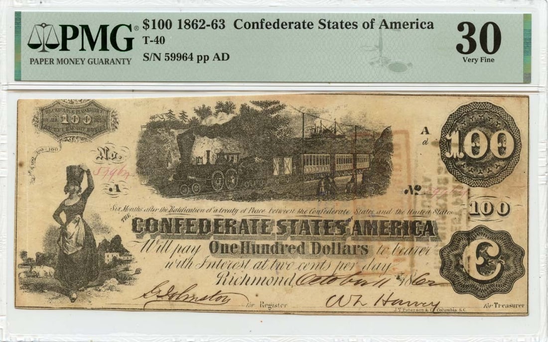 PMG VF30 1862 Confederate States of America $100 Note T-40: PMG VF30 1862 Confederate States of America $100 Note T-40 1862 Confederate States of America T-40 $100 note graded PMG VF30. This pre-owned note is circulated and certified by PMG. Specifications Ite