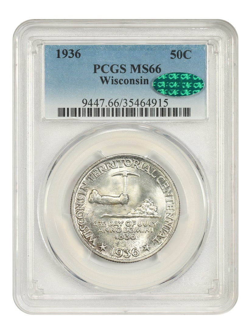 Wisconsin 1936 50C PCGS CAC MS66 Silver Commemorative Half Dollar: Wisconsin 1936 50C PCGS CAC MS66 Silver Commemorative Half Dollar 1936 Wisconsin 50C classic silver commemorative coin honoring the 100th anniversary of the Wisconsin Territorial government. This popu