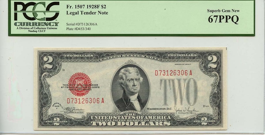 1928F $2 Legal Tender Note Fr# 1507 PCGS Superb Gem 67 PPQ: 1928F $2 Legal Tender Note Fr# 1507 PCGS Superb Gem 67 PPQ This 1928 $2 Legal Tender Note, designated as Fr# 1507, is graded as PCGS SUPERB GEM 67 PPQ, indicating its exceptional quality and preservat