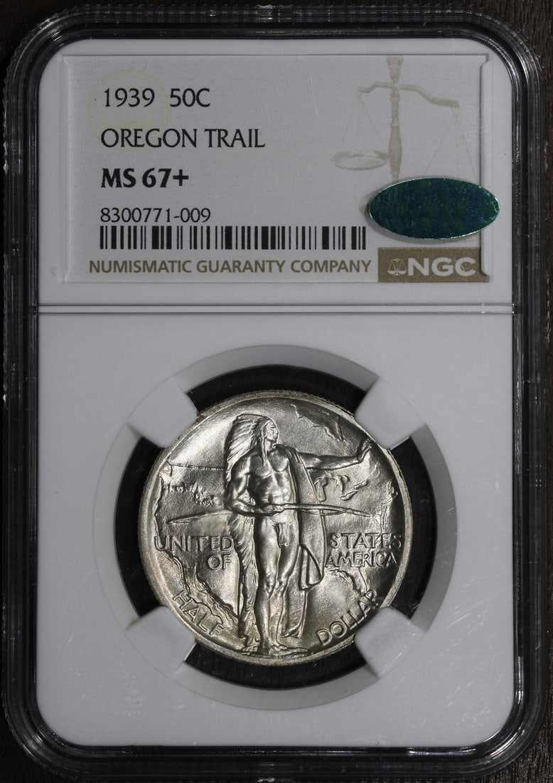 NGC MS67+ CAC 1939 Oregon Commemorative Silver Half Dollar 50C: NGC MS67+ CAC 1939 Oregon Commemorative Silver Half Dollar 50C 1939 Oregon Trail Commemorative Silver Half Dollar graded MS67+ by NGC with CAC designation. This pre-owned 50C coin is composed of silve