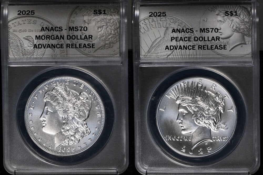 ANACS MS70 2025 Morgan and Peace Silver Dollar Advance Release Two Coin Set: ANACS MS70 2025 Morgan and Peace Silver Dollar Advance Release Two Coin Set This 2025 Morgan & Peace Silver Dollar 2-Coin Set features both coins graded MS70 by ANACS, indicating perfect uncirculated 