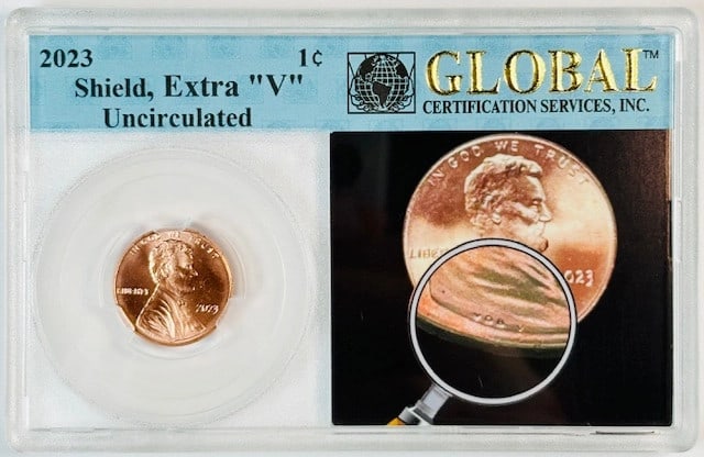 2023 Lincoln Shield Cent Copper Extra V Uncirculated Global Holder: 2023 Lincoln Shield Cent Copper Extra V Uncirculated Global Holder This 2023 Lincoln Shield Cent features the Extra "V" variety and is composed of copper. It is housed in a global holder that provides