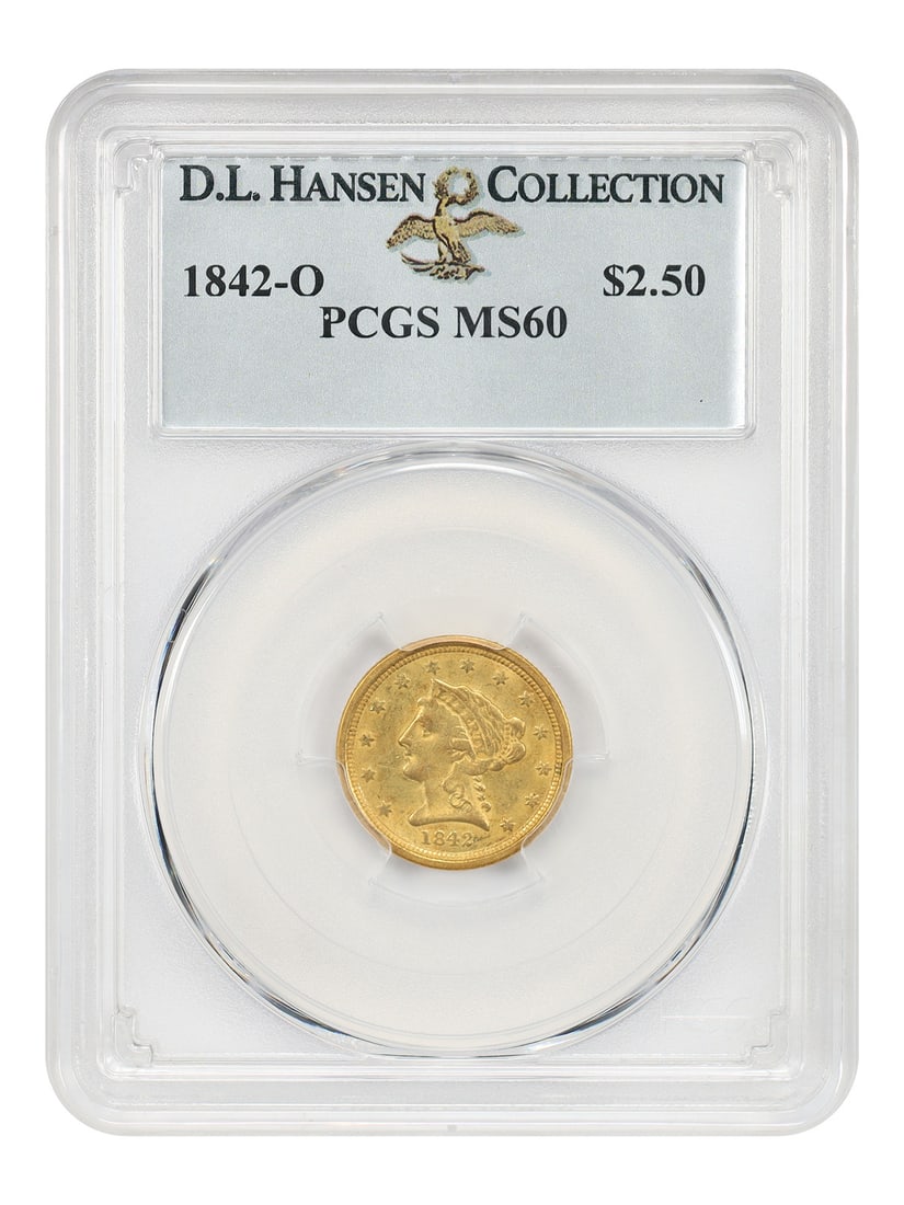 1842 O Liberty Head $2.50 Gold Coin PCGS MS60: 1842 O Liberty Head $2.50 Gold Coin PCGS MS60 1842-O $2.50 Liberty Head gold coin certified by PCGS with an MS60 grade. Minted in New Orleans, this uncirculated coin is described as having a very weak
