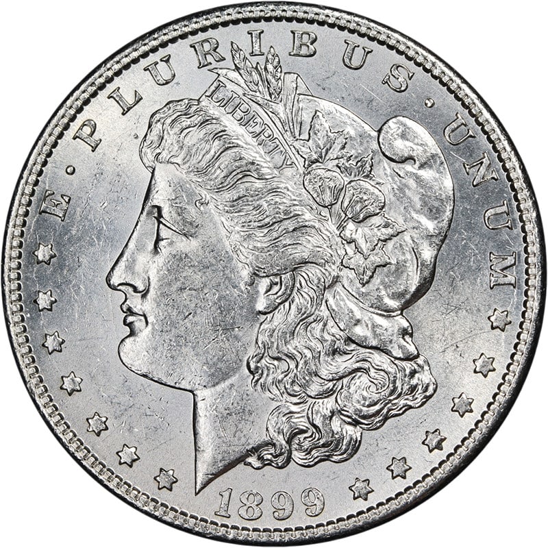 San Francisco Mint 1899 Silver Morgan Dollar Brilliant Uncirculated: San Francisco Mint 1899 Silver Morgan Dollar Brilliant Uncirculated This 1899-S Morgan Silver Dollar is an uncirculated coin with bright white surfaces, fantastic luster, and a strong strike. It featu