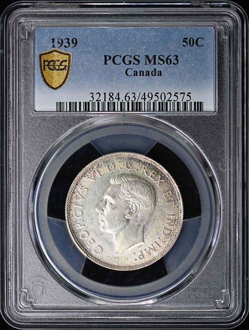 Canada George VI 50 Cent 1939 PCGS MS63 Uncirculated Coin: Canada George VI 50 Cent 1939 PCGS MS63 Uncirculated Coin This is a 1939 Canadian 50-cent coin featuring King George VI, graded MS63 by PCGS. The coin is uncirculated and certified, making it a valuab