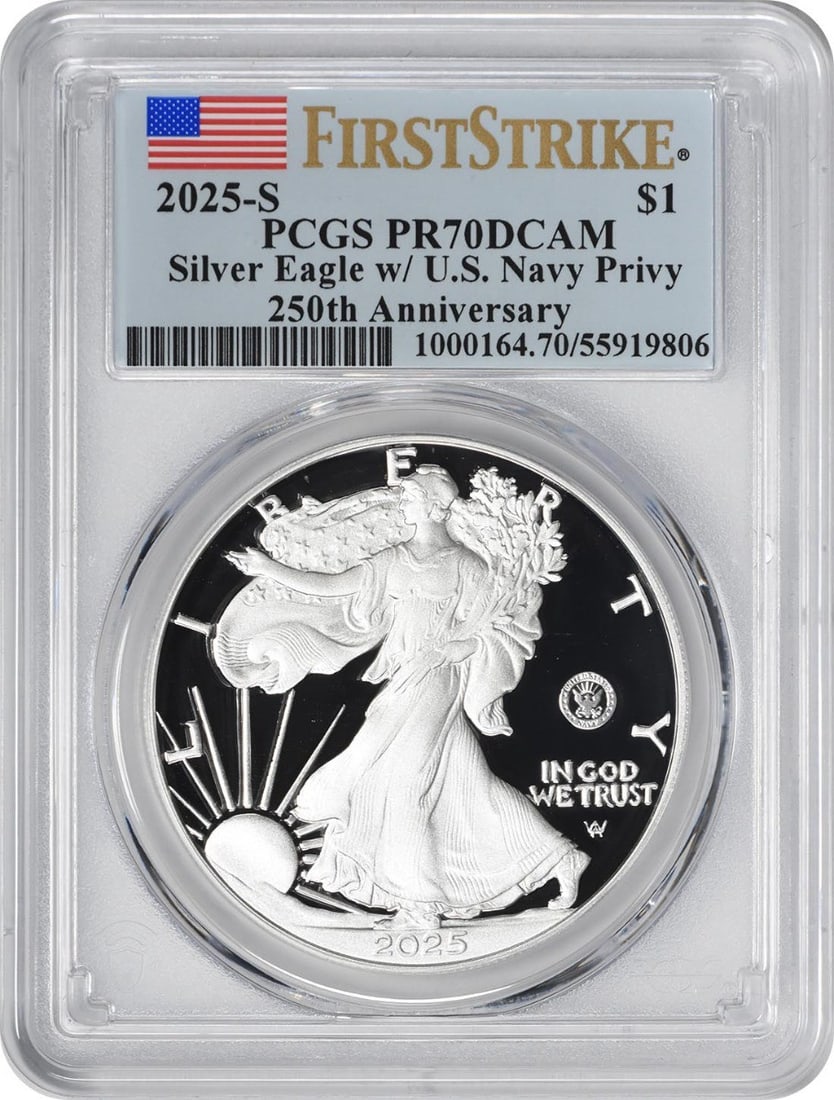 2025-S PCGS PR70DCAM American Silver Eagle Navy Privy Proof 1 oz: 2025-S PCGS PR70DCAM American Silver Eagle Navy Privy Proof 1 oz This is a 2025-S American Silver Eagle coin featuring the U.S. Navy Privy Mark commemorating the 250th anniversary. The coin is struck 