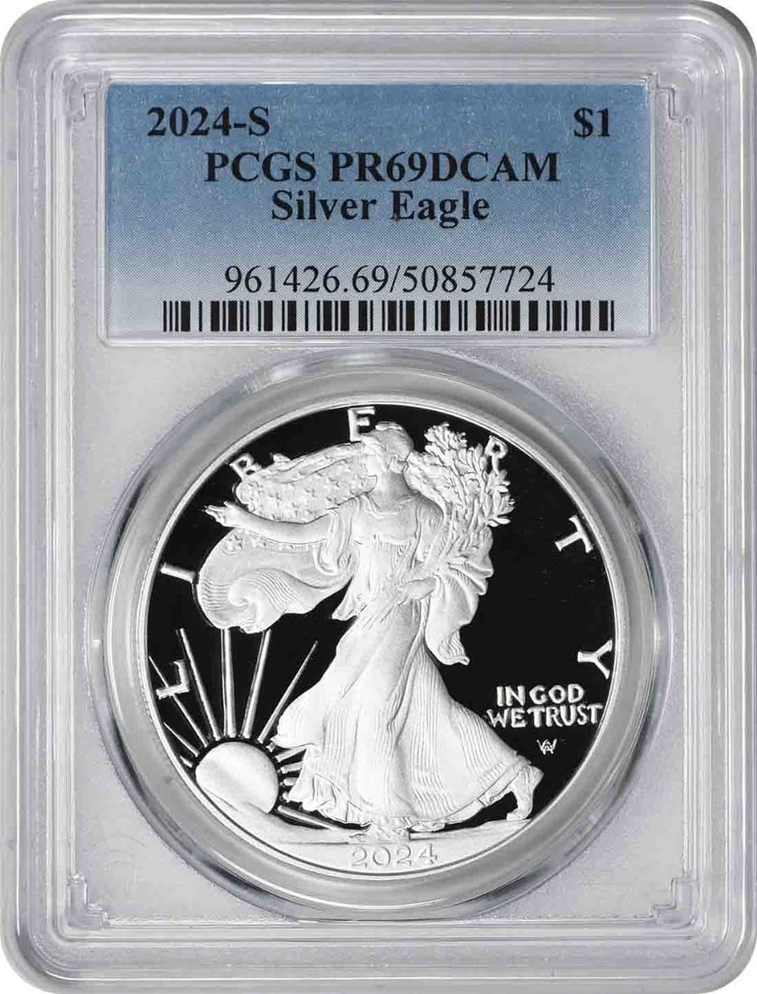 2024-S American Silver Eagle PR69DCAM PCGS Proof Coin: 2024-S American Silver Eagle PR69DCAM PCGS Proof Coin This 2024-S American Silver Eagle coin is a stunning collectible featuring a Proof strike and graded PR69DCAM by PCGS. Crafted by the U.S. Mint, i