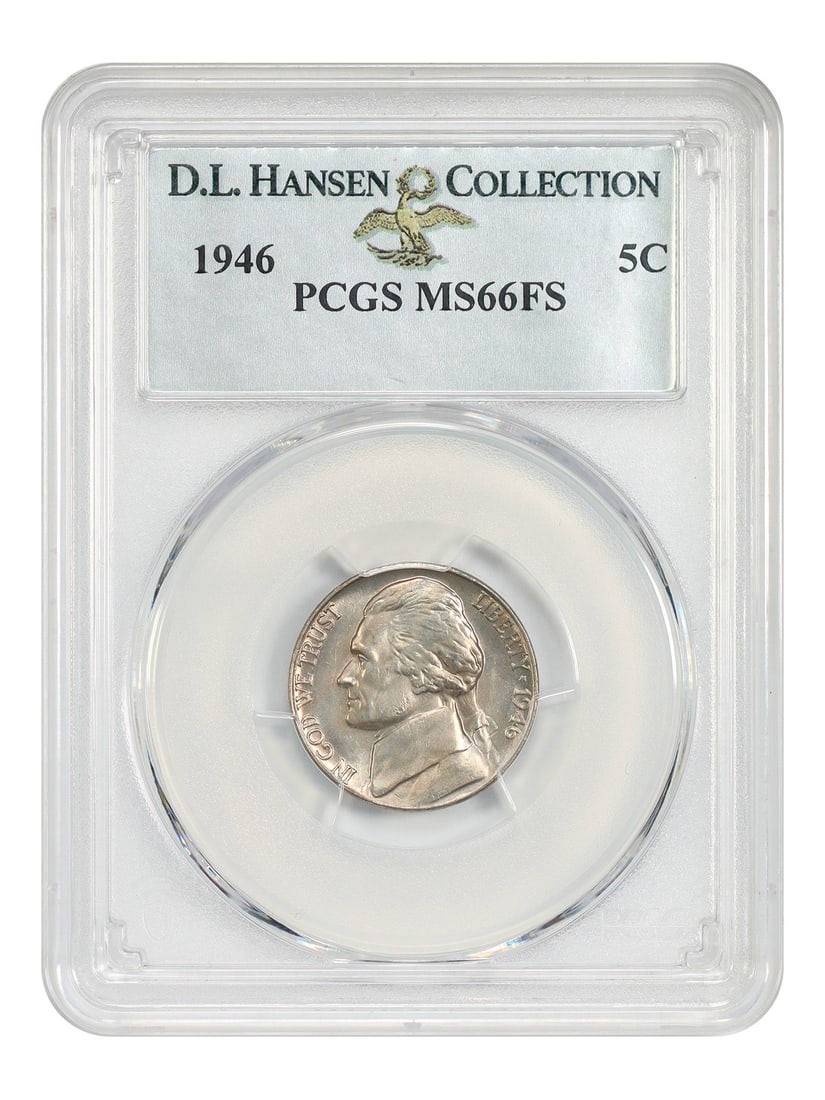 PCGS MS66FS 1946 Jefferson Nickel 5C Philadelphia Mint: PCGS MS66FS 1946 Jefferson Nickel 5C Philadelphia Mint 1946 Jefferson Nickel graded PCGS MS66FS and pedigreed ex: D.L. Hansen. This uncirculated example shows lovely light color and strong luster thro