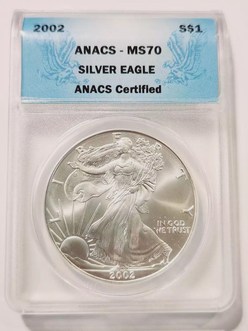 2002 P Silver Eagle Coin ANACS MS 70 Uncirculated USA: 2002 P Silver Eagle Coin ANACS MS 70 Uncirculated USA This 2002 P Silver Eagle coin is certified by ANACS with a grade of MS-70, signifying its perfect uncirculated condition. Struck in Philadelphia, 