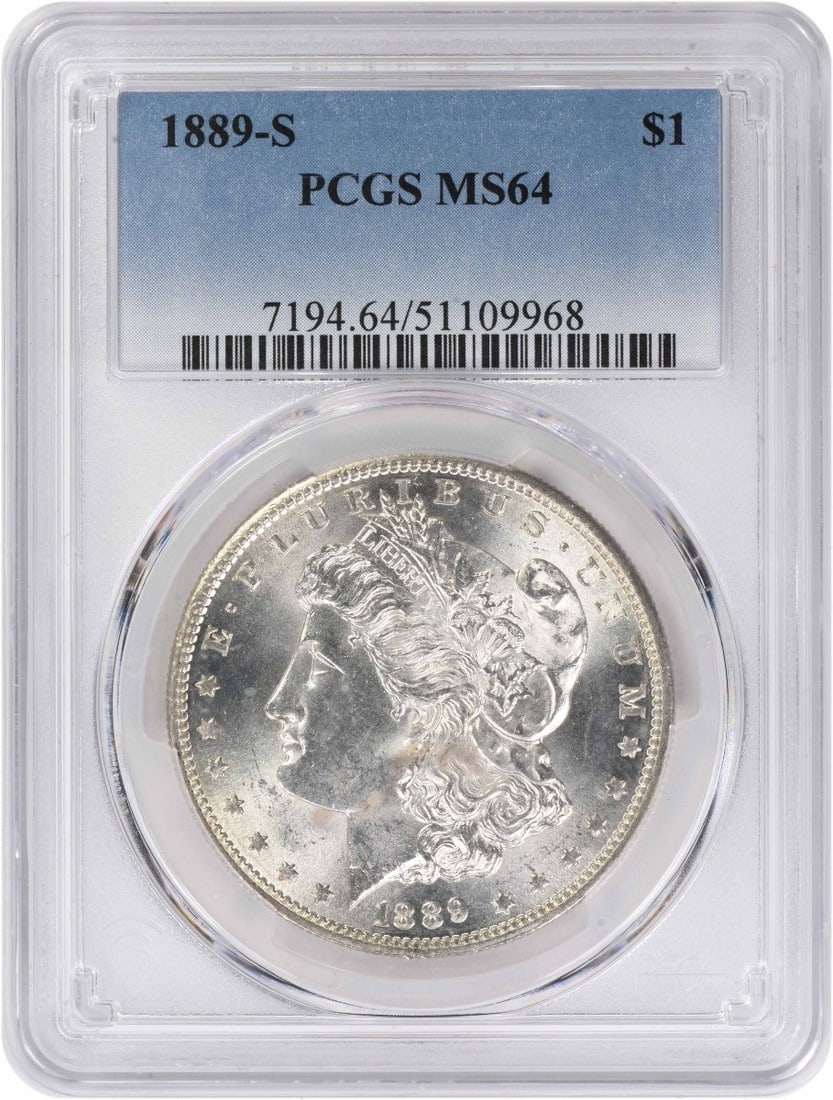 San Francisco Morgan Dollar 1889 Silver Coin PCGS MS64: San Francisco Morgan Dollar 1889 Silver Coin PCGS MS64 This is an 1889-S Morgan Silver Dollar graded MS64 by PCGS. The coin is composed of 90% silver and 10% copper, minted at the San Francisco Mint. 