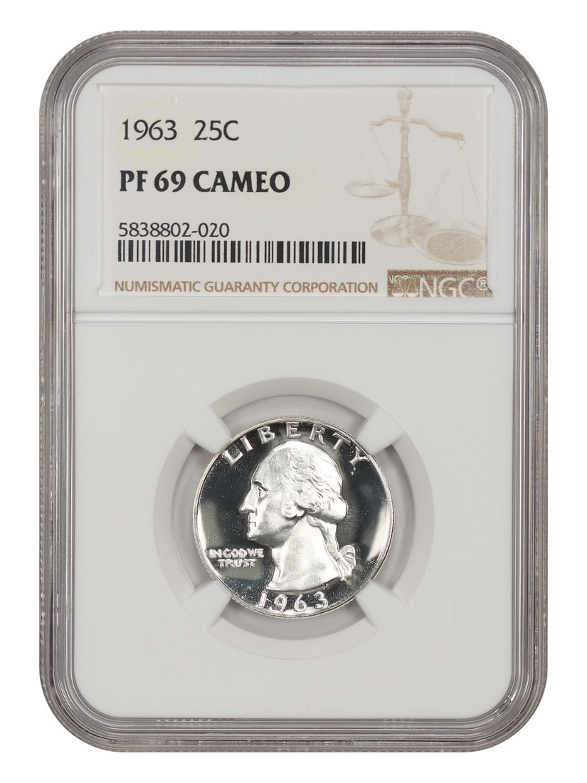 1963 Washington Quarter 25C NGC PR69CAM: 1963 Washington Quarter 25C NGC PR69CAM 1963 Washington Quarter, denomination 25C, struck in Philadelphia and certified by NGC as PR69CAM. The coin is uncirculated and offered in pre-owned condition. 