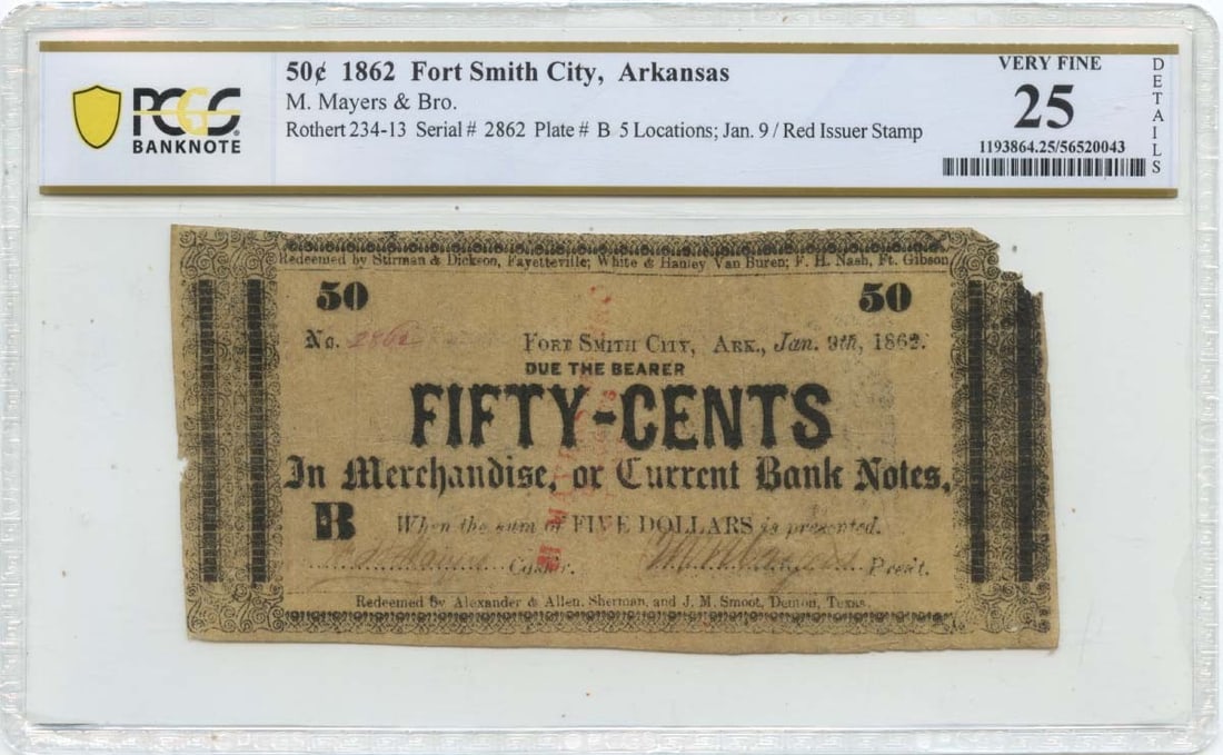 PCGS VF25 1862 Fort Smith Arkansas 50 Cents Obsolete Note (1 of 2)