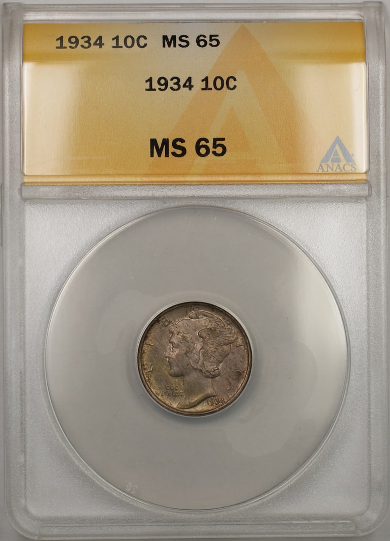 1934 Philadelphia Mercury Dime Silver 10C ANACS MS-65 Full Bands: 1934 Philadelphia Mercury Dime Silver 10C ANACS MS-65 Full Bands This is a 1934 Silver Mercury Dime 10C coin graded MS-65 by ANACS. The coin is uncirculated, features toning, and displays full split b