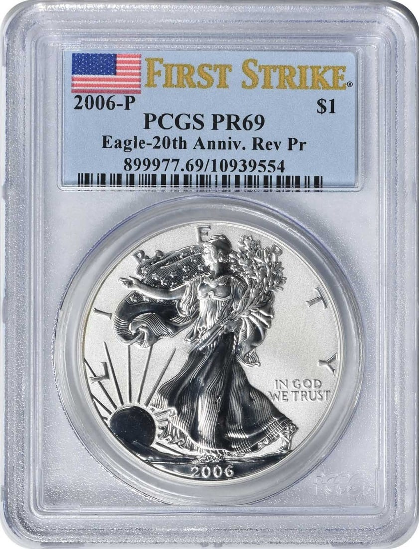 2006-P American Silver Eagle 20th Anniversary PR69 First Strike PCGS: 2006-P American Silver Eagle 20th Anniversary PR69 First Strike PCGS Celebrate the 20th Anniversary of the American Silver Eagle with this stunning 2006-P $1 coin. This Proof coin features a grade of 