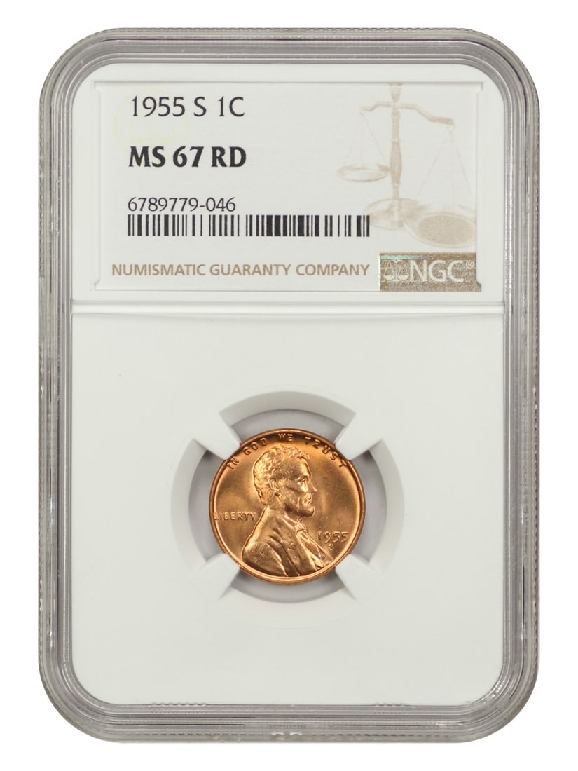 NGC MS67RD 1955-S Lincoln Cent Wheat Reverse 1C: NGC MS67RD 1955-S Lincoln Cent Wheat Reverse 1C 1955-S Lincoln Cent with Wheat Reverse, graded NGC MS67RD. This pre-owned coin is an uncirculated example with red color designation and is housed in a 