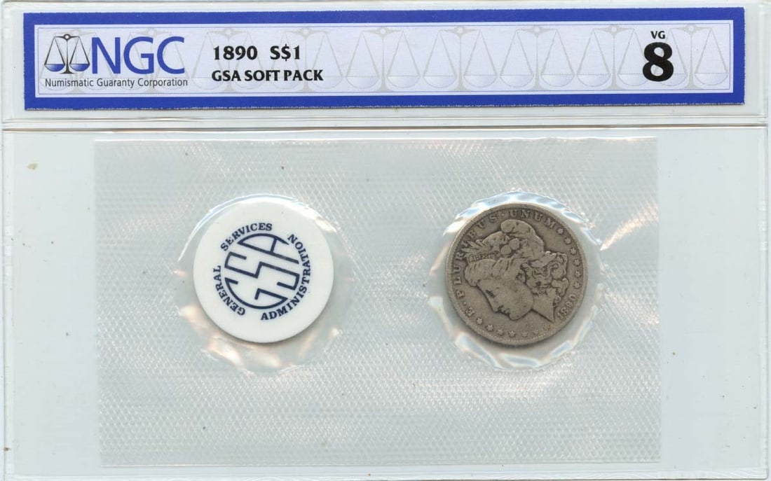 NGC Graded 1890 Morgan Silver Dollar GSA Soft Pack VG8: NGC Graded 1890 Morgan Silver Dollar GSA Soft Pack VG8 This is an 1890 Morgan Dollar in a GSA soft pack, certified by NGC with a grade of VG8. The coin was minted in Philadelphia and is circulated. It