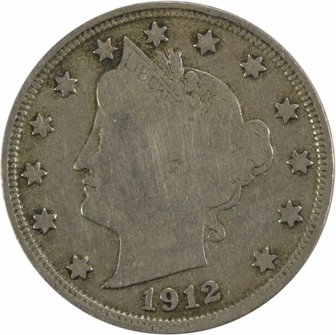 1912-S Liberty Nickel F Grade San Francisco Coin 5C: 1912-S Liberty Nickel F Grade San Francisco Coin 5C This 1912-S Liberty Nickel is a circulated coin in Fair (F) condition, featuring the iconic design by Charles E. Barber. Struck in San Francisco, th