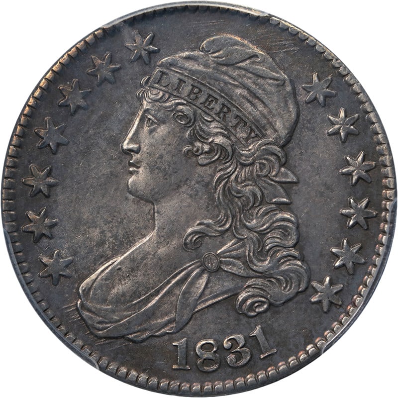 PCGS AU58 1831 Capped Bust Half Dollar O-107 R.3 Silver Coin: PCGS AU58 1831 Capped Bust Half Dollar O-107 R.3 Silver Coin Original 1831 Capped Bust Half Dollar with strong eye appeal, nice luster, a strong strike, and attractive color and surfaces. This circula
