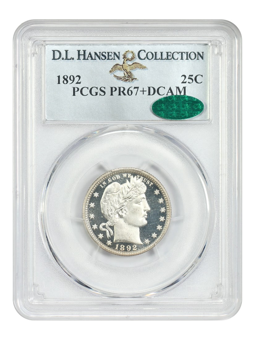 1892 Barber Quarter 25C PR67+ DCAM PCGS CAC First Year Proof: 1892 Barber Quarter 25C PR67+ DCAM PCGS CAC First Year Proof 1892 Barber Quarter proof, first year of issue, graded PCGS PR67+ DCAM and CAC approved. This uncirculated example is described as mostly w