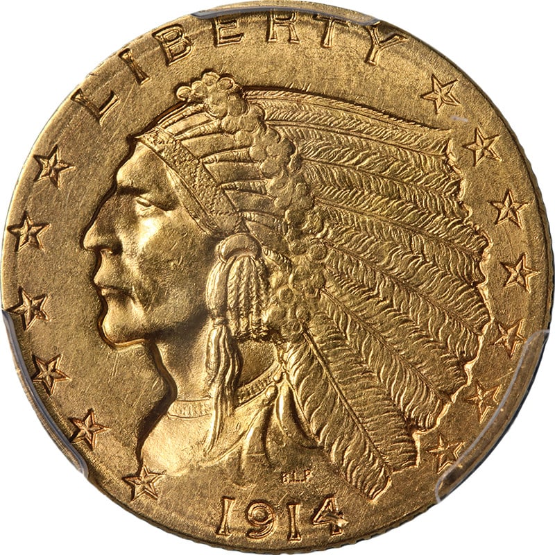 PCGS MS62 1914-D $2.50 Indian Head Gold Quarter Eagle: PCGS MS62 1914-D $2.50 Indian Head Gold Quarter Eagle Original 1914-D Indian Gold $2.50 certified by PCGS as MS62. This uncirculated pre-owned coin is noted for its nice eye appeal, nice luster, nice 