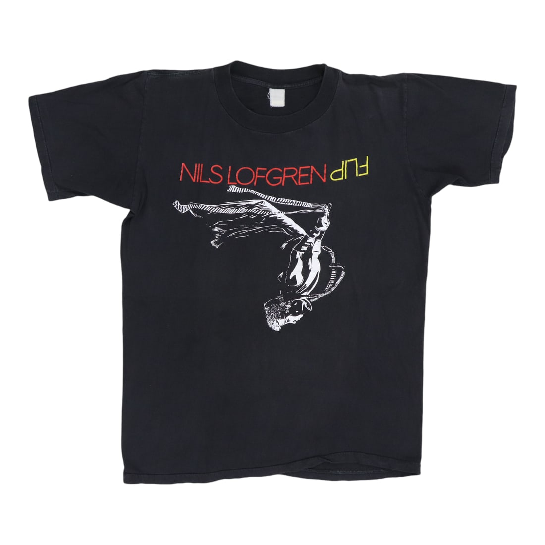 Vintage 1986 Nils Lofgren Flip Tour Black Cotton T-Shirt: Vintage 1986 Nils Lofgren Flip Tour Black Cotton T-Shirt This is an original vintage 1986 Nils Lofgren Flip World Tour shirt featuring front and back graphics. Made from 100% cotton, the shirt comes i