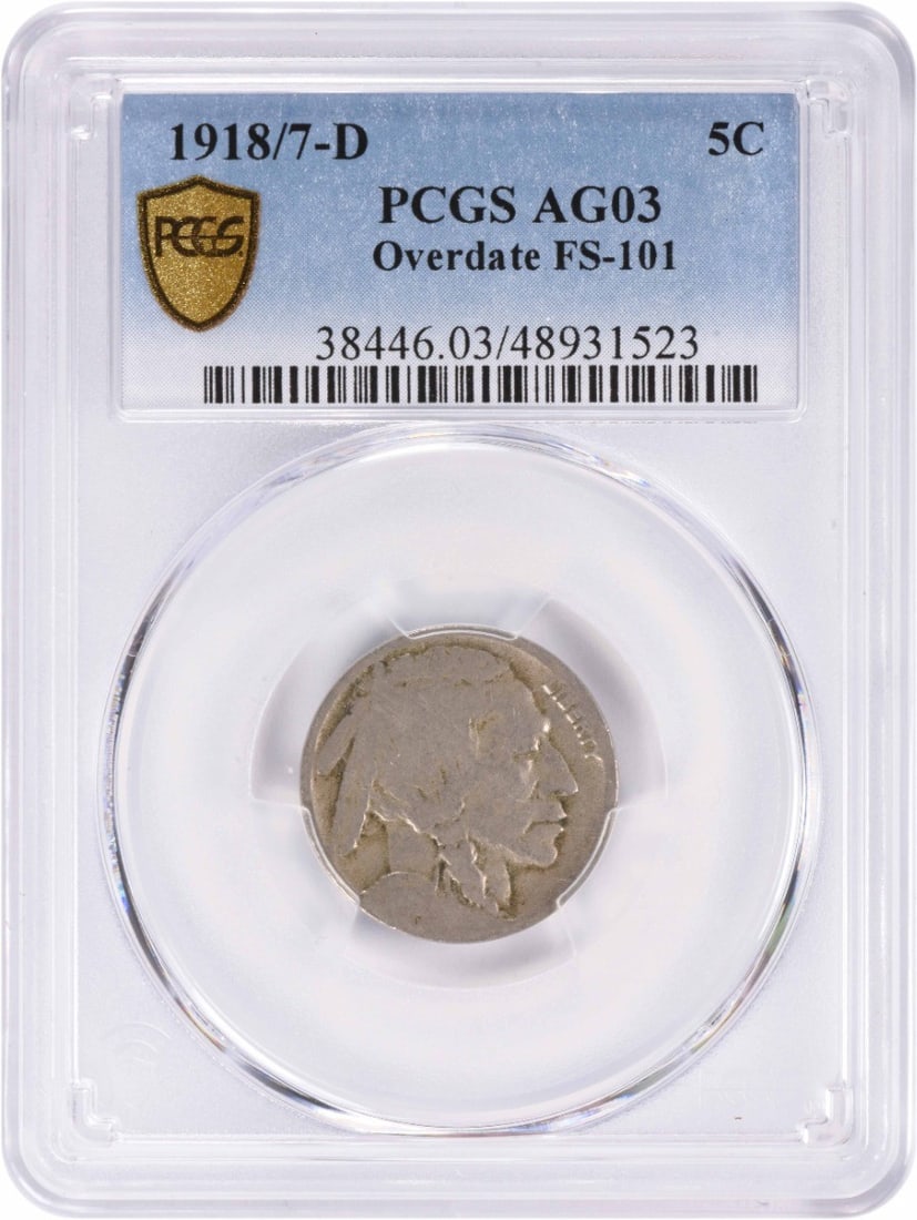 PCGS AG03 1918 7 D Buffalo Nickel FS 101: PCGS AG03 1918 7 D Buffalo Nickel FS 101 This is a 1918/7-D Buffalo Nickel, an overdate variety, graded AG03 by PCGS. The coin is circulated and features the Denver mint mark. It is composed of nickel