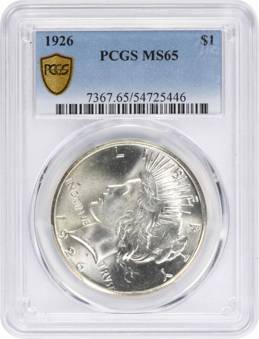 PCGS MS65 1926 Peace Dollar $1 Silver Coin: PCGS MS65 1926 Peace Dollar $1 Silver Coin 1926 Peace Silver Dollar certified by PCGS and graded MS65. This uncirculated United States $1 coin features the Peace design by Anthony de Francisci and is 