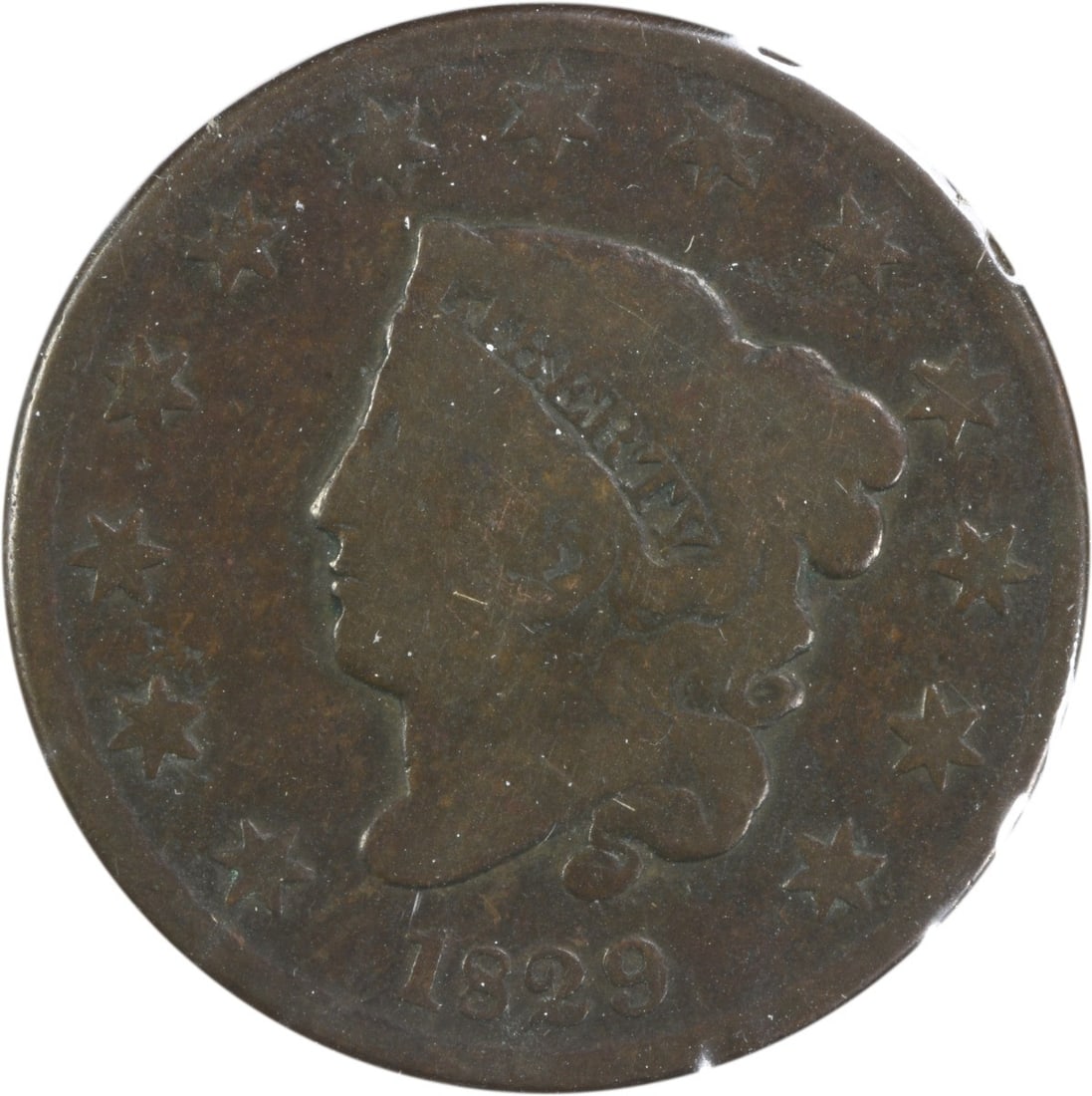 1829 Coronet Head Large Cent N-5 Variety Copper Coin VG Philadelphia: 1829 Coronet Head Large Cent N-5 Variety Copper Coin VG Philadelphia This 1829 Large Cent features the Coronet Head design by Robert Scot. Struck in copper at the Philadelphia Mint, this circulated co