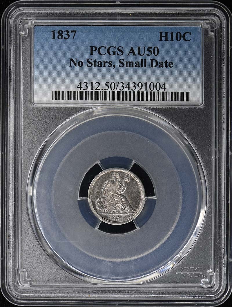 PCGS AU50 1837 Liberty Seated Half Dime No Stars Small Date: PCGS AU50 1837 Liberty Seated Half Dime No Stars Small Date 1837 Liberty Seated Half Dime, No Stars, Small Date variety, graded AU50 by PCGS. This circulated United States coin is a pre-owned example 