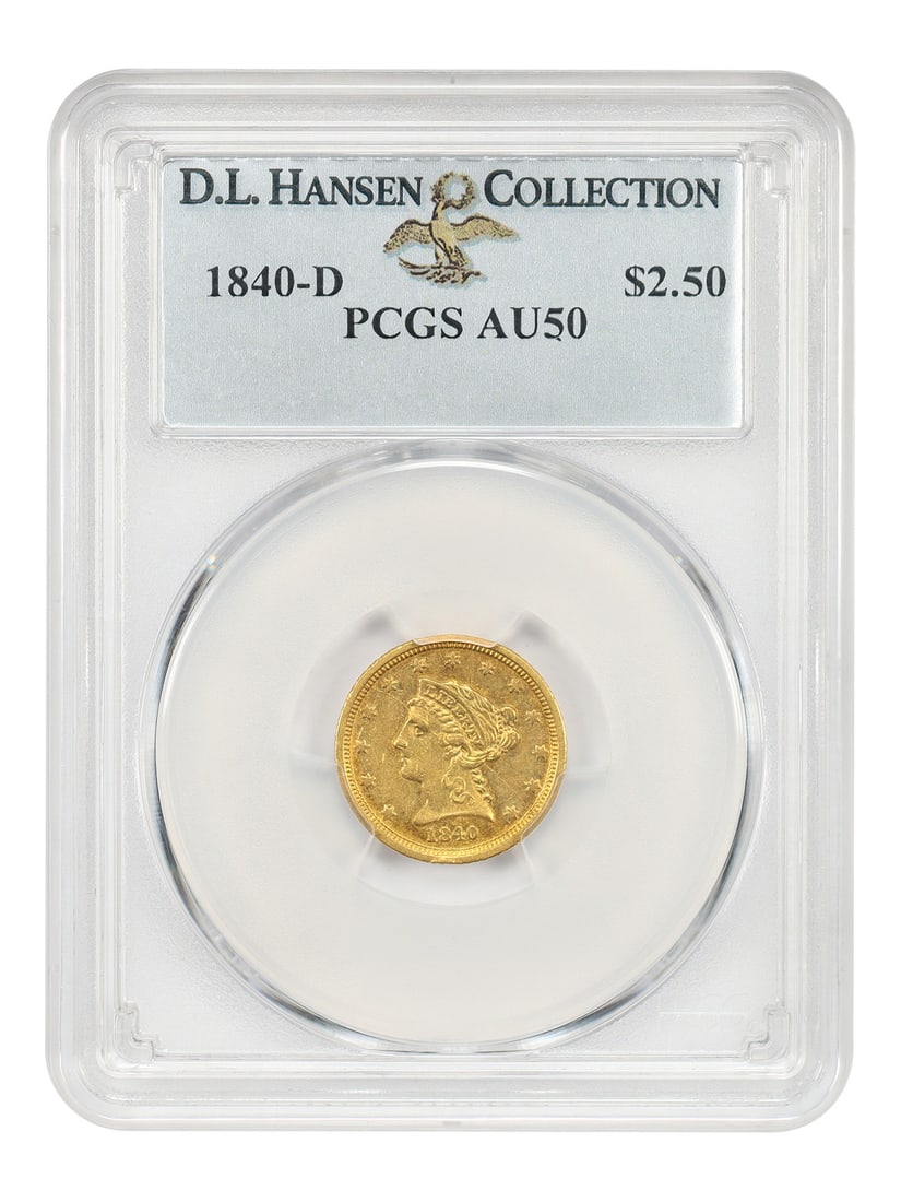 1840-D Liberty Head $2.50 Gold Coin PCGS AU50 Dahlonega Mint: 1840-D Liberty Head $2.50 Gold Coin PCGS AU50 Dahlonega Mint 1840-D Liberty Head $2.50 gold coin certified by PCGS with an AU50 grade. Struck at the Dahlonega Mint, this circulated example comes from 