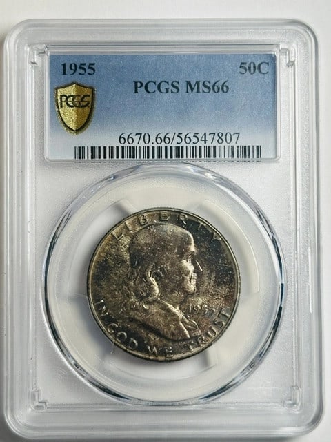 1955 Philadelphia Franklin Half Dollar PCGS MS-66 Silver: 1955 Philadelphia Franklin Half Dollar PCGS MS-66 Silver This 1955 Franklin Half Dollar was minted in Philadelphia and is composed of silver. Graded MS-66 by PCGS, the coin is uncirculated and remains