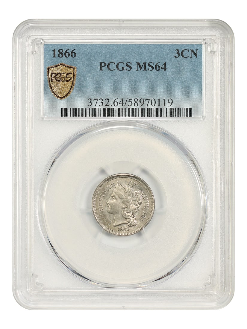 PCGS MS64 1866 3CN Philadelphia Three Cent Nickel: PCGS MS64 1866 3CN Philadelphia Three Cent Nickel 1866 Three Cent Nickel certified by PCGS in MS64 grade. This uncirculated pre-owned coin was struck in Philadelphia and is identified as a 3CN denomin