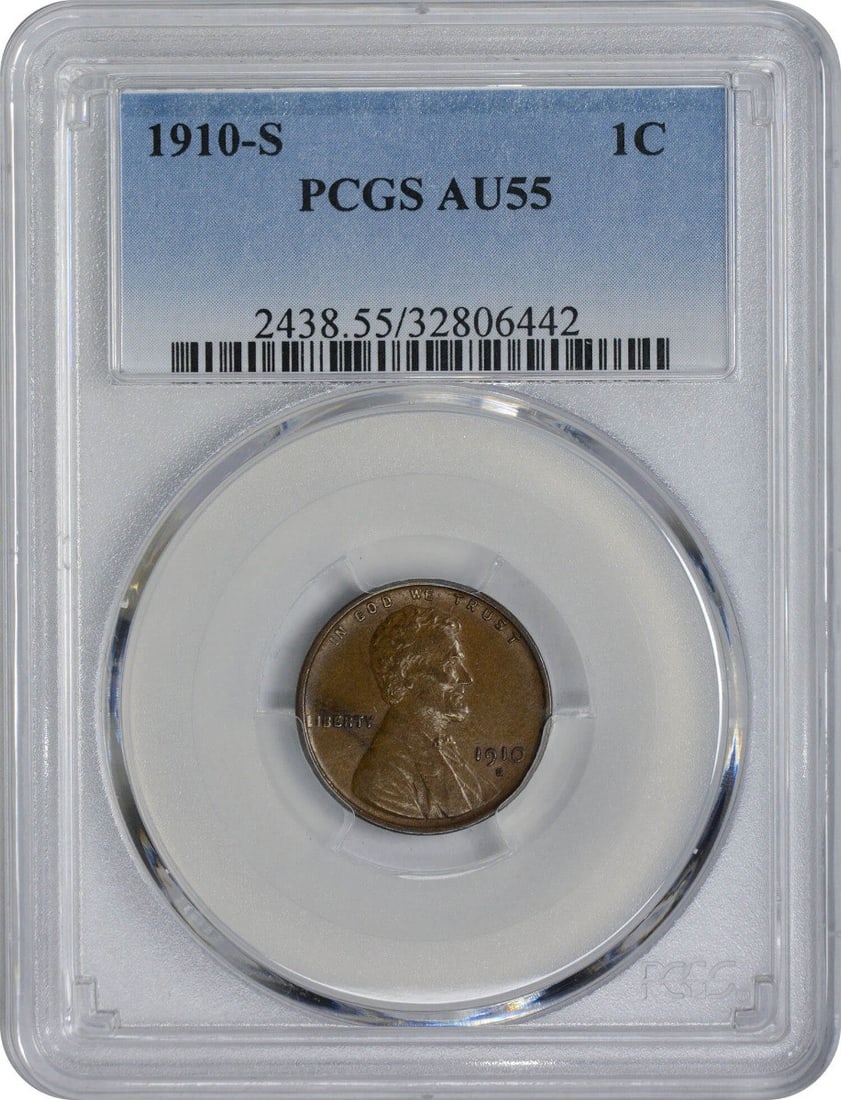 PCGS AU55 1910 S Lincoln Wheat Small Cent: PCGS AU55 1910 S Lincoln Wheat Small Cent A 1910-S Lincoln Cent graded AU55 by PCGS. This circulated United States small cent is made of copper and identified as a Lincoln Wheat coin. Pre-owned condit