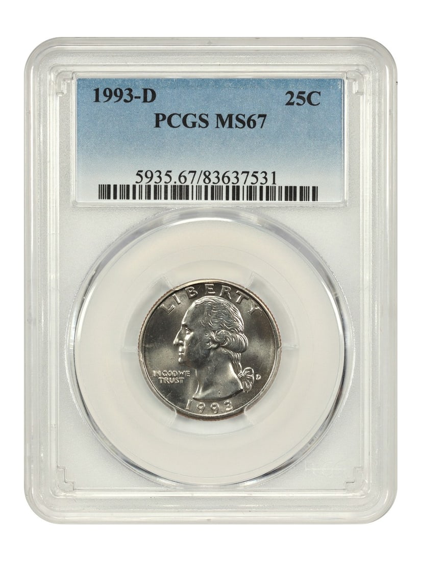 PCGS MS67 1993-D Washington Quarter 25C Uncirculated: PCGS MS67 1993-D Washington Quarter 25C Uncirculated This 1993-D Washington Quarter is a PCGS MS67 certified example with strong visual appeal. All major grading services have certified just five fine