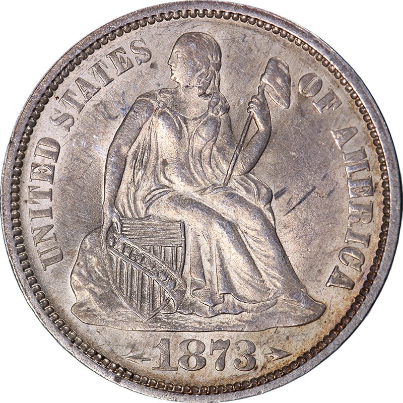 1873-P Seated Liberty Dime Arrows Uncirculated Silver Coin: 1873-P Seated Liberty Dime Arrows Uncirculated Silver Coin This stunning 1873-P Seated Liberty Dime 'Arrows' showcases excellent eye appeal with remarkable luster and a strong strike. Featuring great 