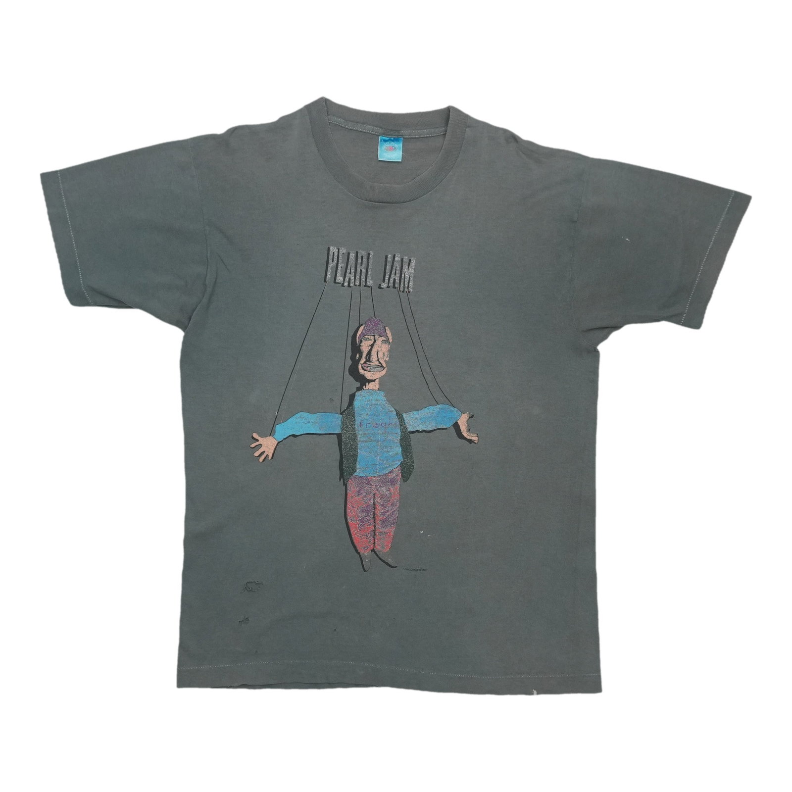 Pearl Jam 1993 Freak Tour Grey Cotton Shirt XL: Pearl Jam 1993 Freak Tour Grey Cotton Shirt XL This is an original vintage 1993 Pearl Jam Freak Tour shirt, not a modern reproduction. The shirt is in worn condition, showing discoloration and holes t