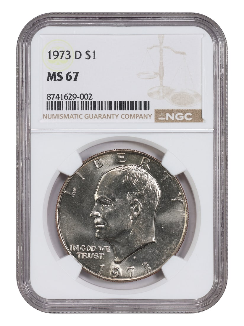 NGC MS67 1973-D Eisenhower Dollar $1 Uncirculated: NGC MS67 1973-D Eisenhower Dollar $1 Uncirculated 1973-D Ike Dollar certified by NGC in MS67. This uncirculated example is described as bright and appealing, with only one finer noted in the original 